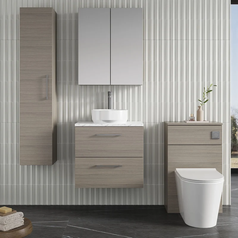 Lana 600mm Wall Hung 2 Drawer Vanity Unit & Carrera Marble Laminate Worktop - Solace Oak Woodgrain
