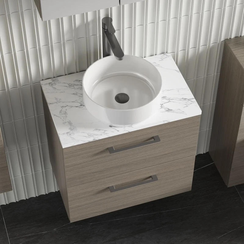 Lana 600mm Wall Hung 2 Drawer Vanity Unit & Carrera Marble Laminate Worktop - Solace Oak Woodgrain