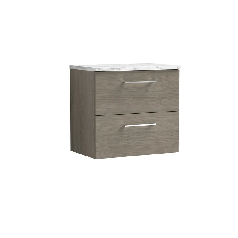 Lana 600mm Wall Hung 2 Drawer Vanity Unit & Carrera Marble Laminate Worktop - Solace Oak Woodgrain