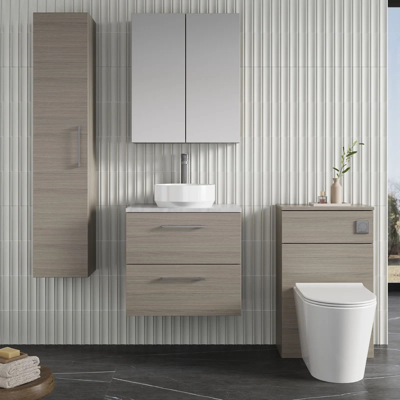Lana 600mm Wall Hung 2 Drawer Vanity Unit & Bellato Grey Laminate Worktop - Solace Oak Woodgrain