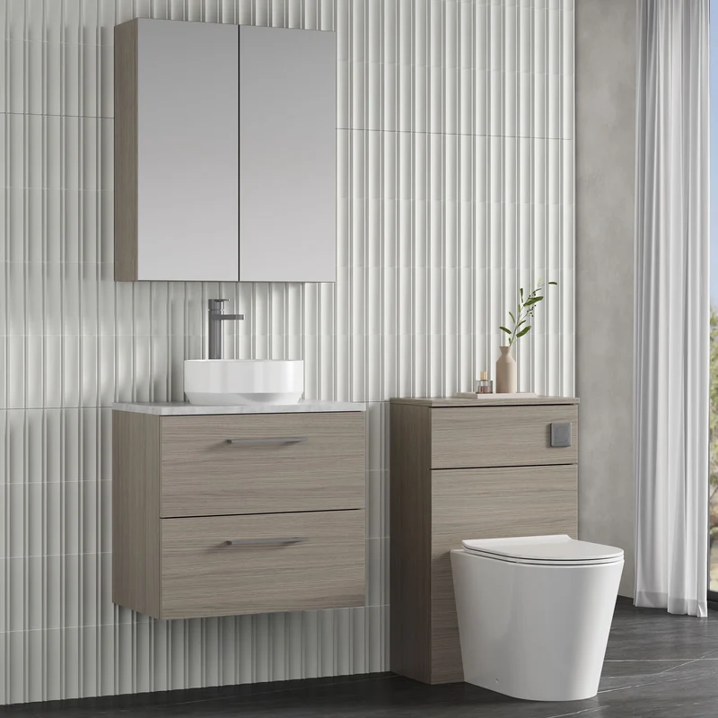 Lana 600mm Wall Hung 2 Drawer Vanity Unit & Bellato Grey Laminate Worktop - Solace Oak Woodgrain