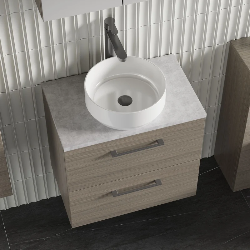 Lana 600mm Wall Hung 2 Drawer Vanity Unit & Bellato Grey Laminate Worktop - Solace Oak Woodgrain