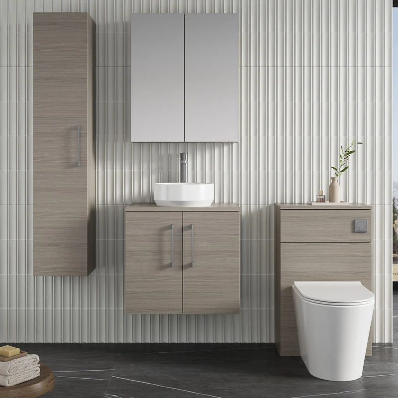 Lana 600mm Wall Hung 2 Door Vanity Unit & Worktop - Solace Oak Woodgrain