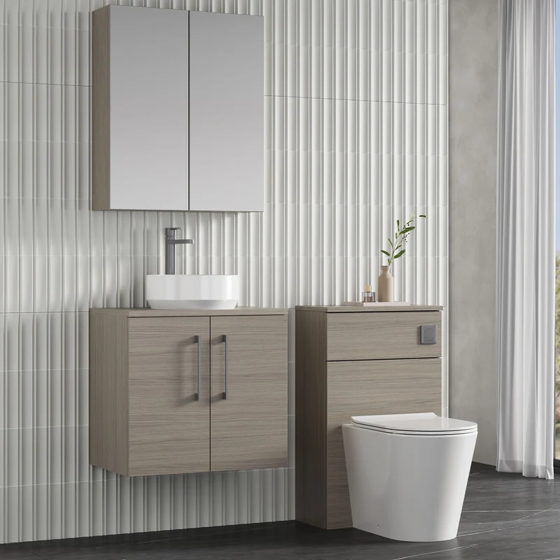 Lana 600mm Wall Hung 2 Door Vanity Unit & Worktop - Solace Oak Woodgrain