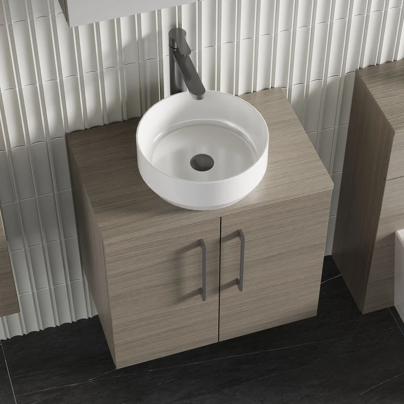 Lana 600mm Wall Hung 2 Door Vanity Unit & Worktop - Solace Oak Woodgrain