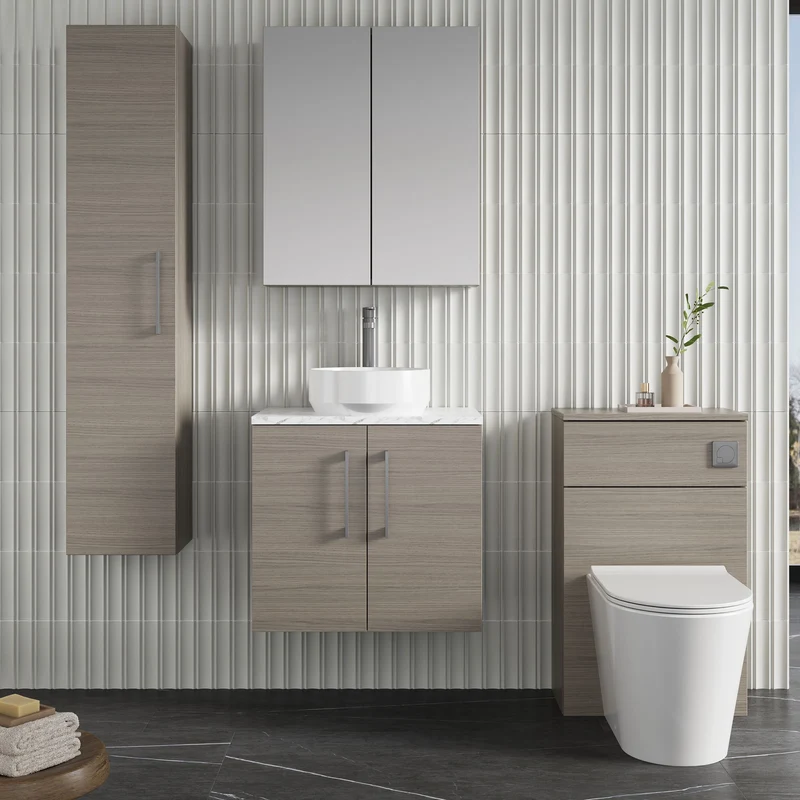 Lana 600mm Wall Hung 2 Door Vanity Unit & Carrera Marble Laminate Worktop - Solace Oak Woodgrain