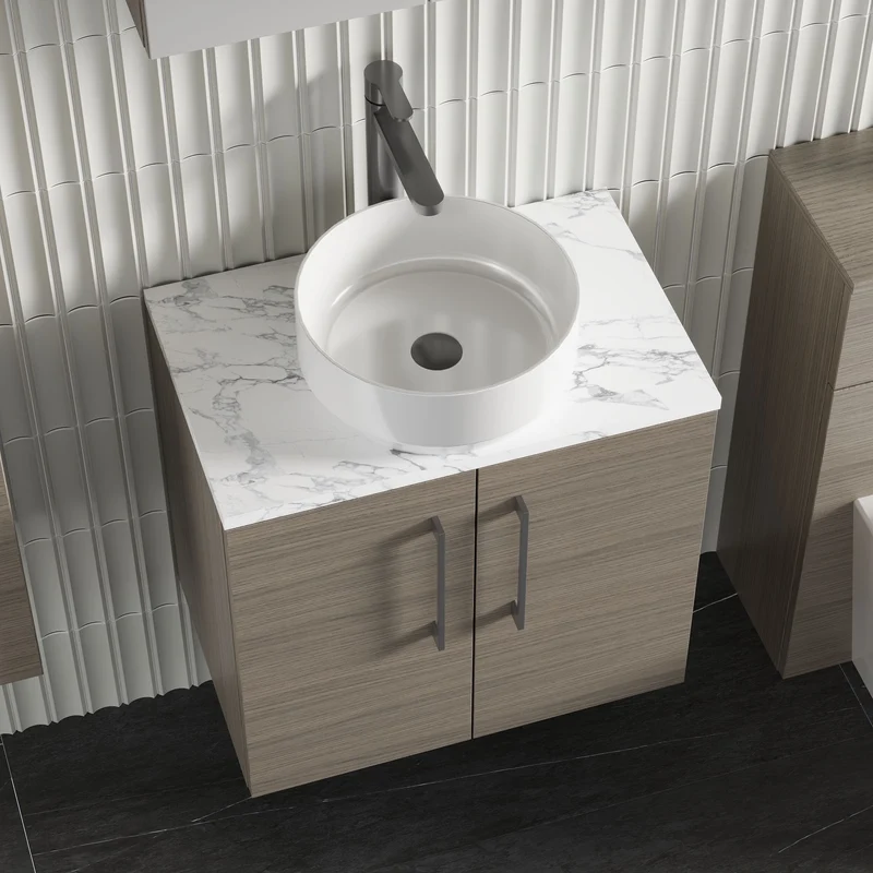 Lana 600mm Wall Hung 2 Door Vanity Unit & Carrera Marble Laminate Worktop - Solace Oak Woodgrain