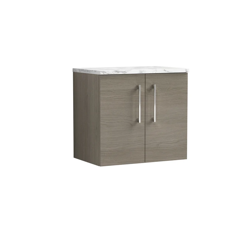 Lana 600mm Wall Hung 2 Door Vanity Unit & Carrera Marble Laminate Worktop - Solace Oak Woodgrain