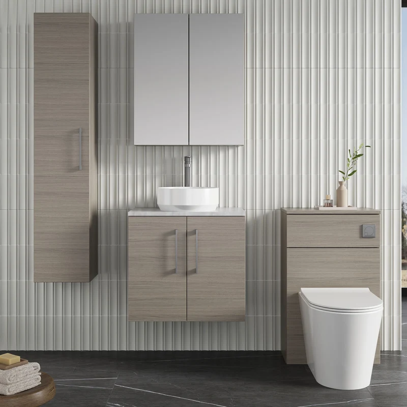 Lana 600mm Wall Hung 2 Door Vanity Unit & Bellato Grey Laminate Worktop - Solace Oak Woodgrain