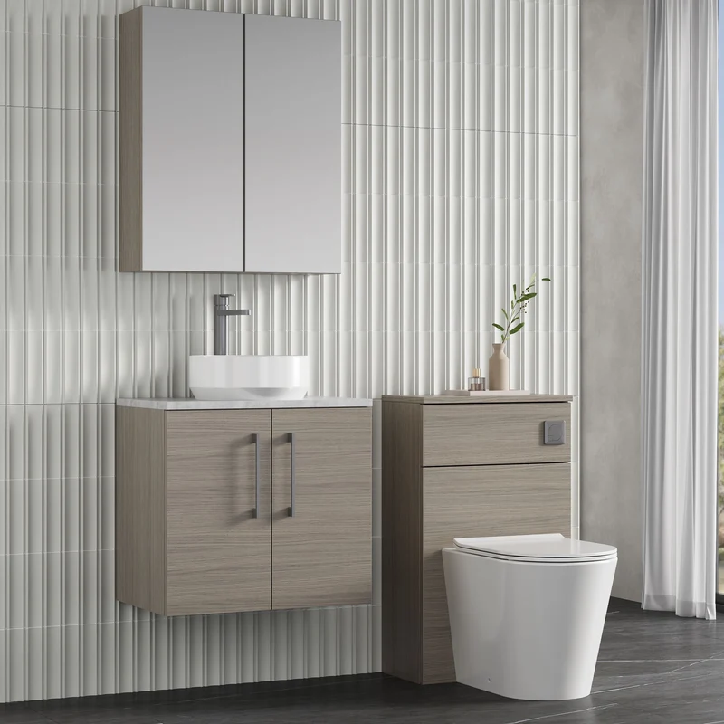 Lana 600mm Wall Hung 2 Door Vanity Unit & Bellato Grey Laminate Worktop - Solace Oak Woodgrain