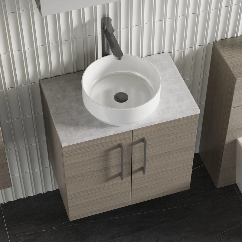 Lana 600mm Wall Hung 2 Door Vanity Unit & Bellato Grey Laminate Worktop - Solace Oak Woodgrain