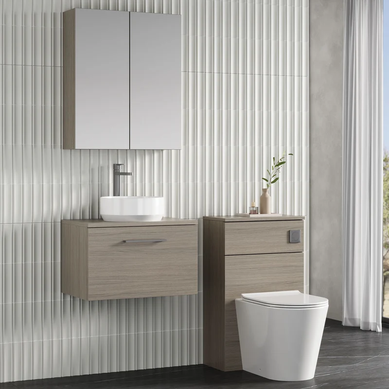 Lana 600mm Wall Hung 1 Drawer Vanity Unit & Worktop - Solace Oak Woodgrain