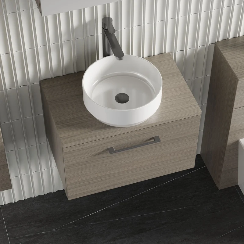 Lana 600mm Wall Hung 1 Drawer Vanity Unit & Worktop - Solace Oak Woodgrain