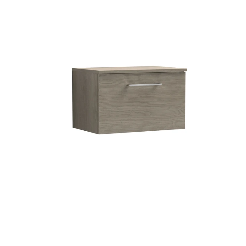 Lana 600mm Wall Hung 1 Drawer Vanity Unit & Worktop - Solace Oak Woodgrain