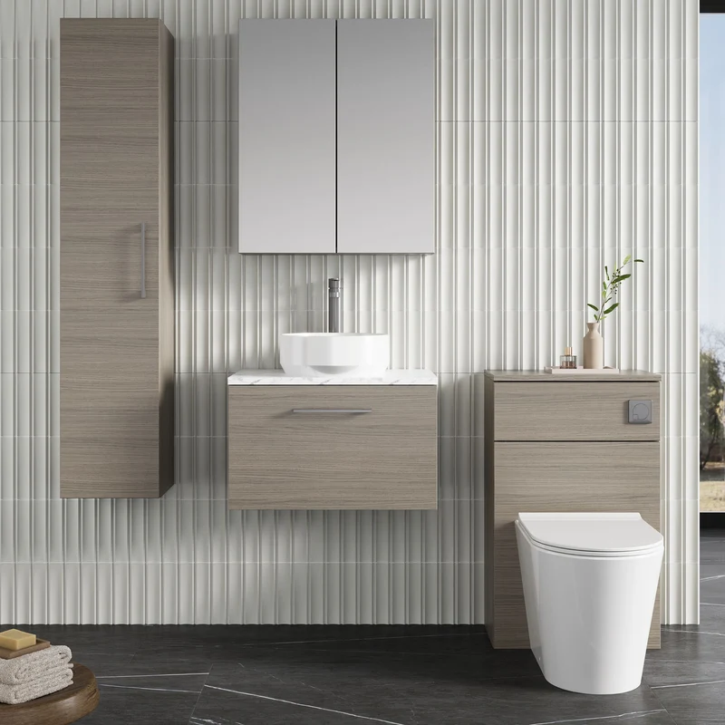 Lana 600mm Wall Hung 1 Drawer Vanity Unit & Carrera Marble Laminate Worktop - Solace Oak Woodgrain