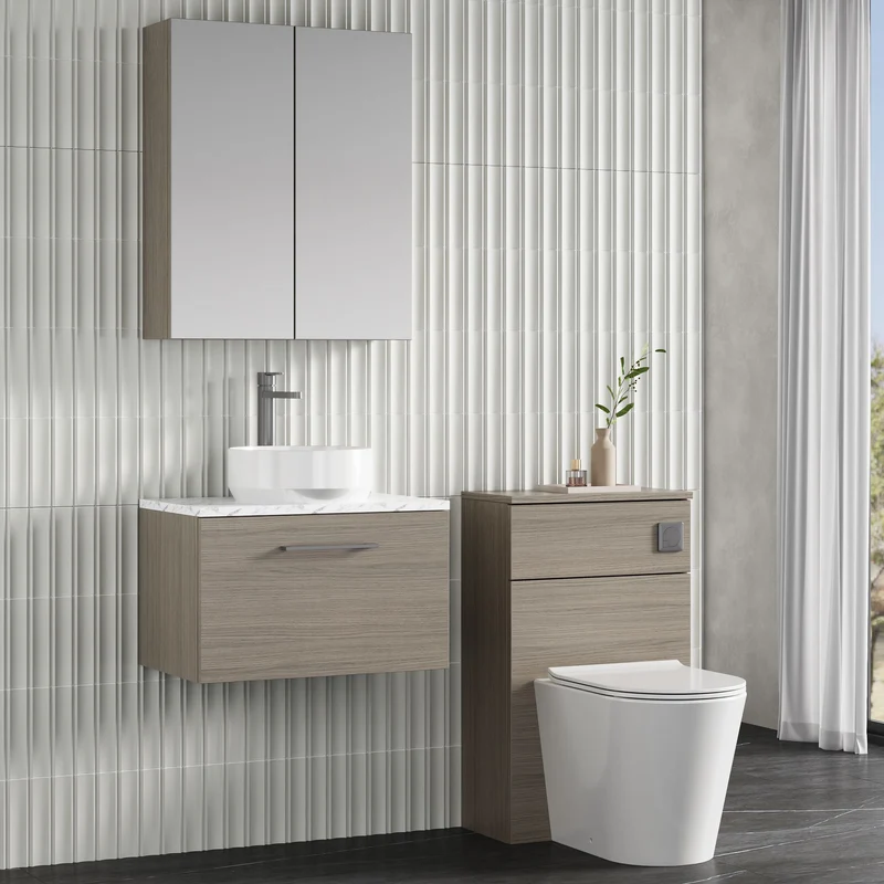 Lana 600mm Wall Hung 1 Drawer Vanity Unit & Carrera Marble Laminate Worktop - Solace Oak Woodgrain