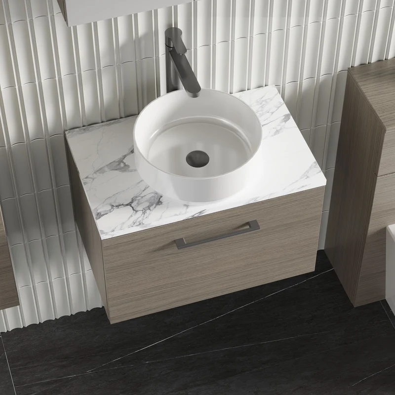 Lana 600mm Wall Hung 1 Drawer Vanity Unit & Carrera Marble Laminate Worktop - Solace Oak Woodgrain