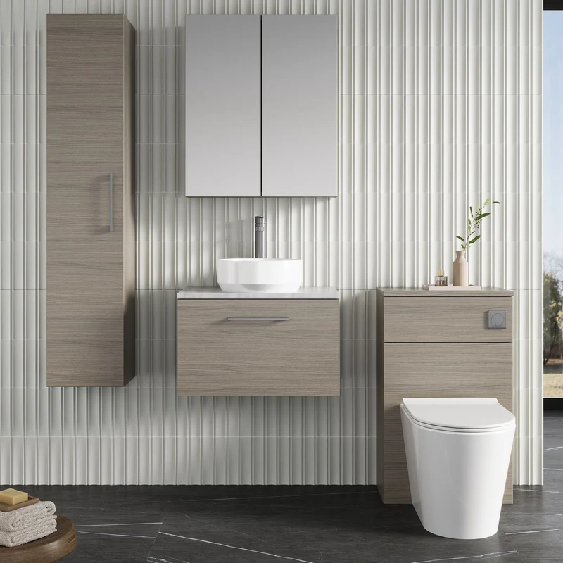 Lana 600mm Wall Hung 1 Drawer Vanity Unit & Bellato Grey Laminate Worktop - Solace Oak Woodgrain