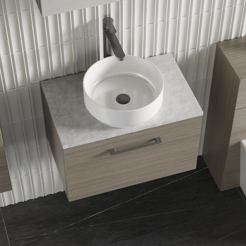 Lana 600mm Wall Hung 1 Drawer Vanity Unit & Bellato Grey Laminate Worktop - Solace Oak Woodgrain