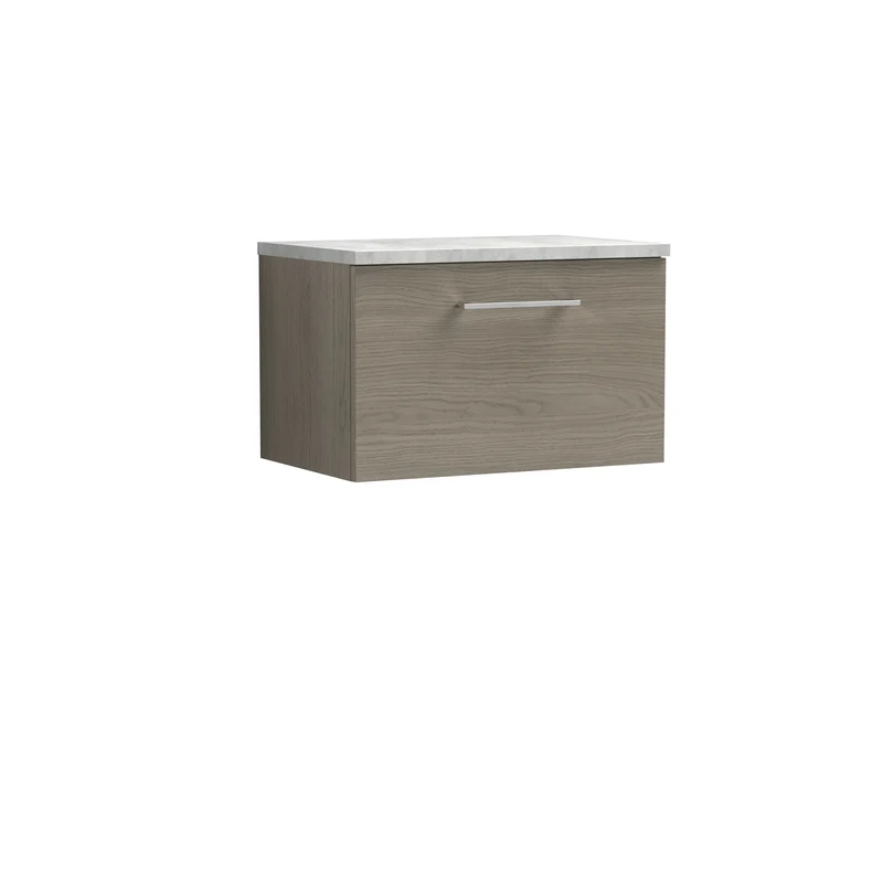 Lana 600mm Wall Hung 1 Drawer Vanity Unit & Bellato Grey Laminate Worktop - Solace Oak Woodgrain