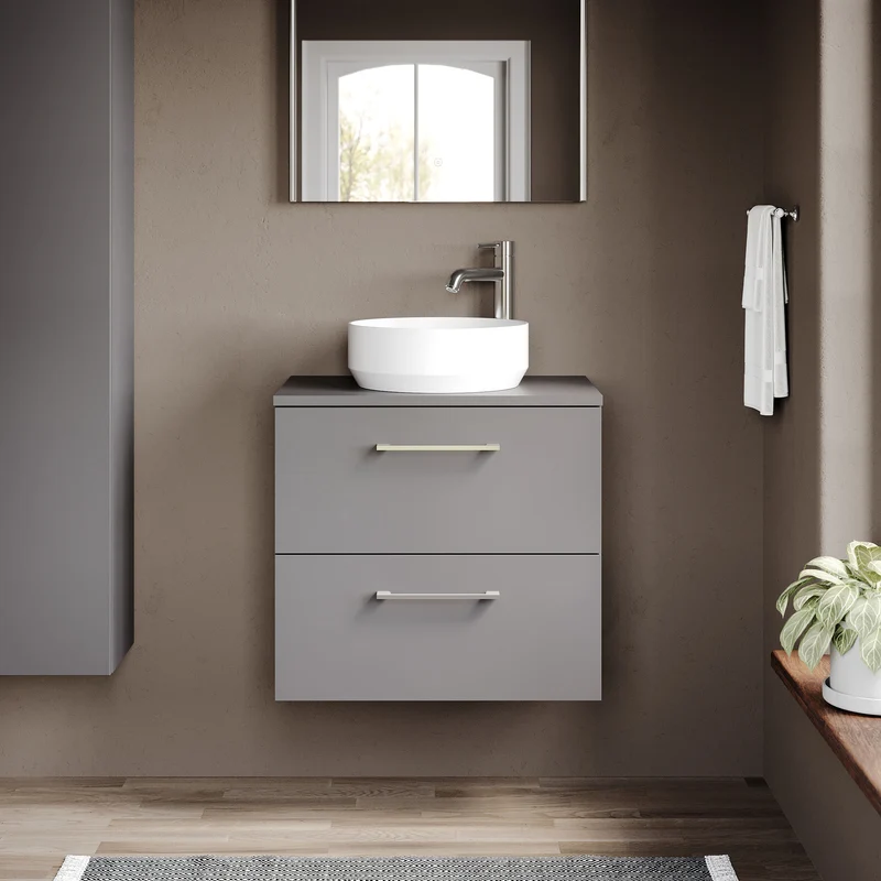 Lana 600mm Wall Hung 2 Drawer Vanity Unit & Worktop - Grey Satin