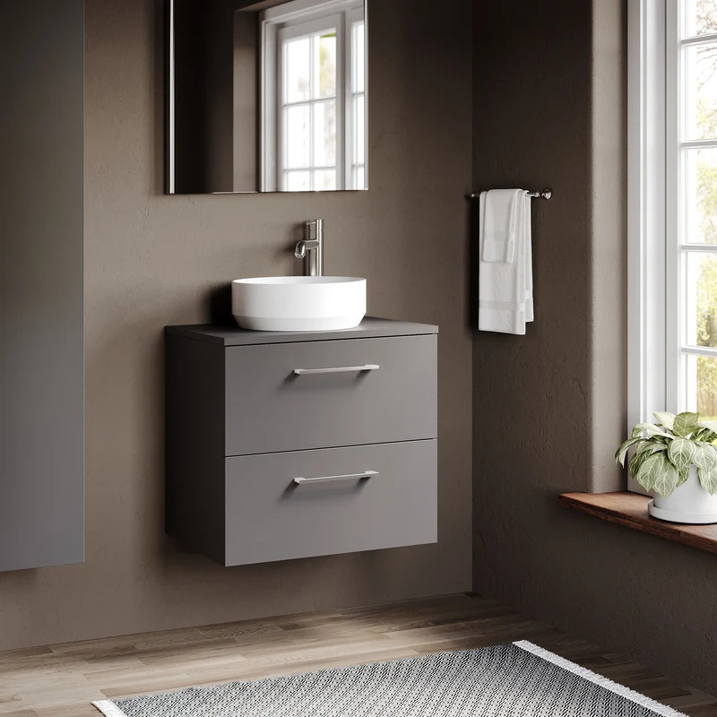 Lana 600mm Wall Hung 2 Drawer Vanity Unit & Worktop - Grey Satin