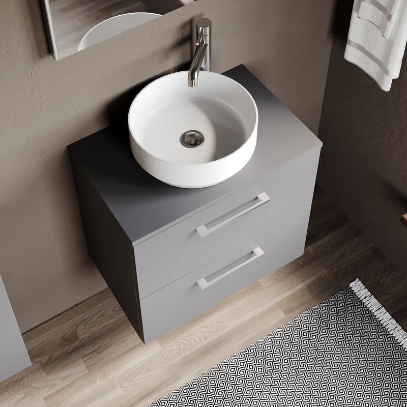 Lana 600mm Wall Hung 2 Drawer Vanity Unit & Worktop - Grey Satin