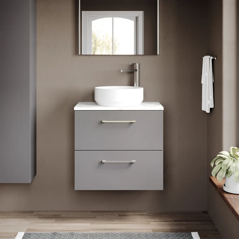 Lana 600mm Wall Hung 2 Drawer Vanity Unit & Carrera Marble Laminate Worktop - Grey Satin