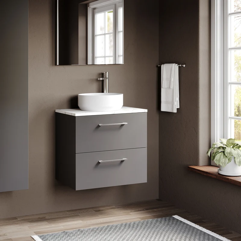 Lana 600mm Wall Hung 2 Drawer Vanity Unit & Carrera Marble Laminate Worktop - Grey Satin