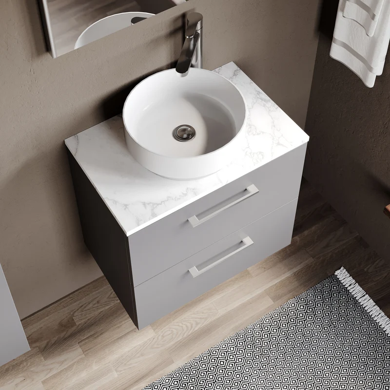 Lana 600mm Wall Hung 2 Drawer Vanity Unit & Carrera Marble Laminate Worktop - Grey Satin