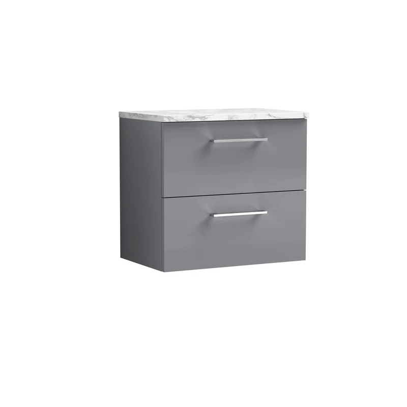 Lana 600mm Wall Hung 2 Drawer Vanity Unit & Carrera Marble Laminate Worktop - Grey Satin