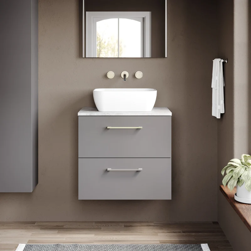 Lana 600mm Wall Hung 2 Drawer Vanity Unit & Bellato Grey Laminate Worktop - Grey Satin