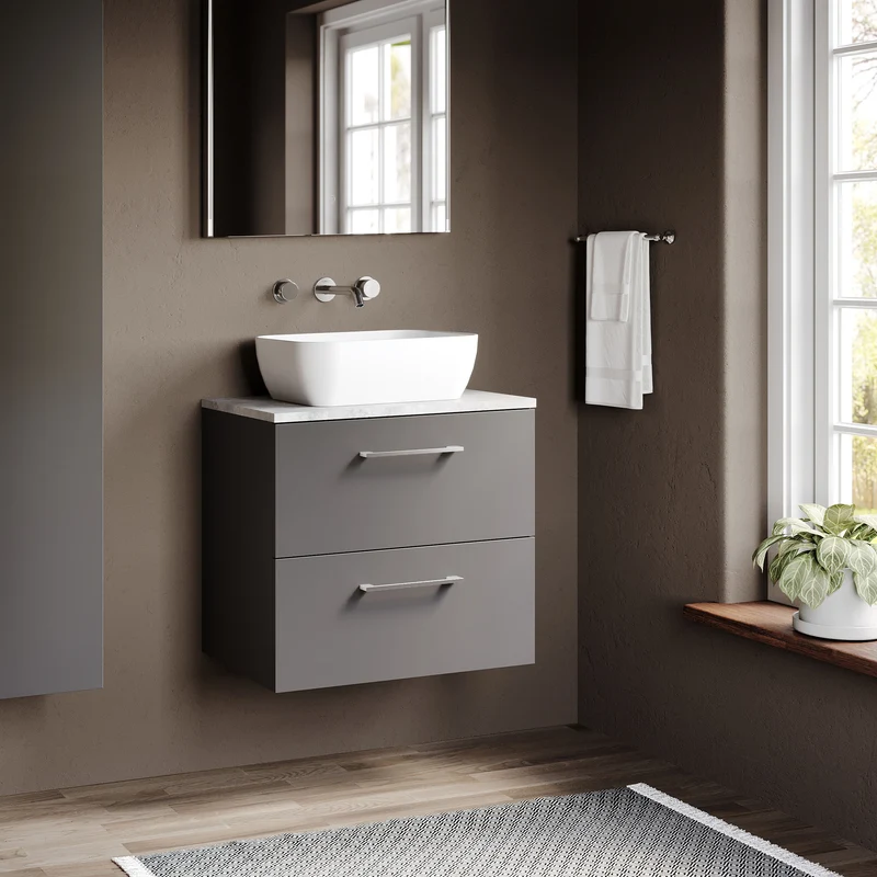 Lana 600mm Wall Hung 2 Drawer Vanity Unit & Bellato Grey Laminate Worktop - Grey Satin