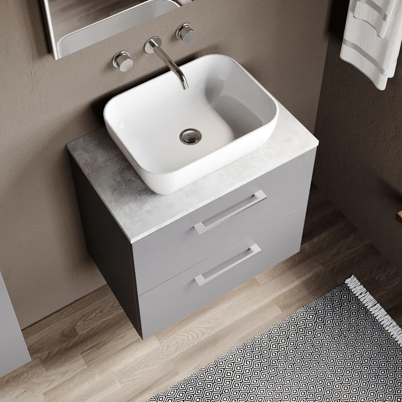 Lana 600mm Wall Hung 2 Drawer Vanity Unit & Bellato Grey Laminate Worktop - Grey Satin