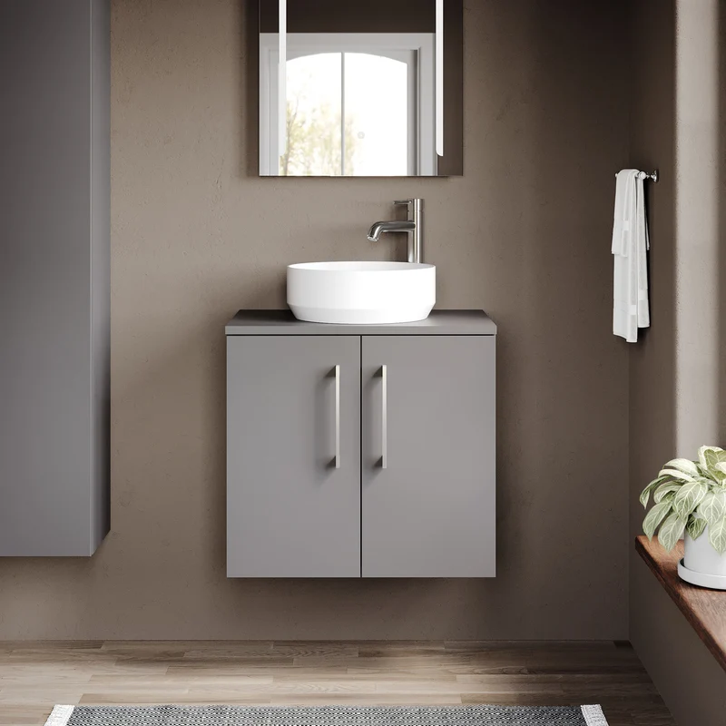 Lana 600mm Wall Hung 2 Door Vanity Unit & Worktop - Grey Satin