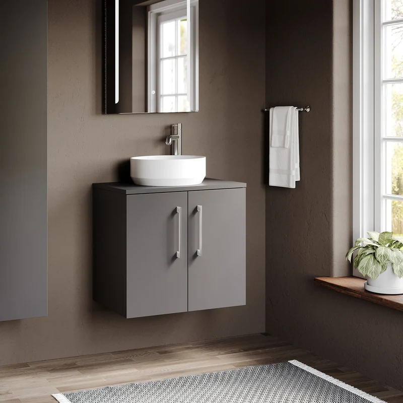 Lana 600mm Wall Hung 2 Door Vanity Unit & Worktop - Grey Satin