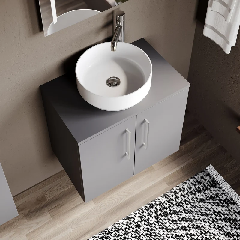Lana 600mm Wall Hung 2 Door Vanity Unit & Worktop - Grey Satin