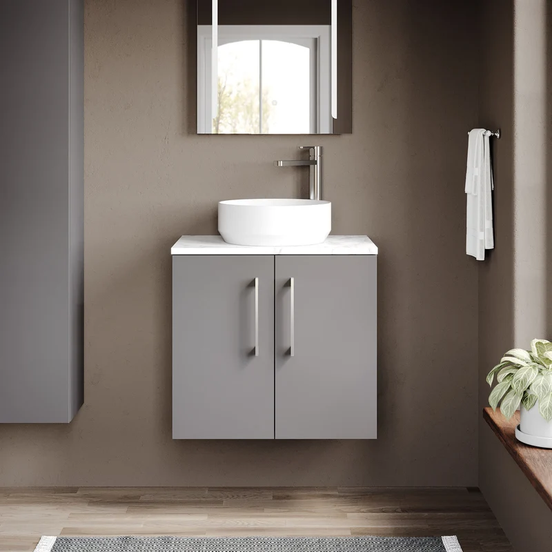 Lana 600mm Wall Hung 2 Door Vanity Unit & Carrera Marble Laminate Worktop - Grey Satin