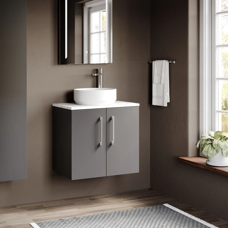 Lana 600mm Wall Hung 2 Door Vanity Unit & Carrera Marble Laminate Worktop - Grey Satin
