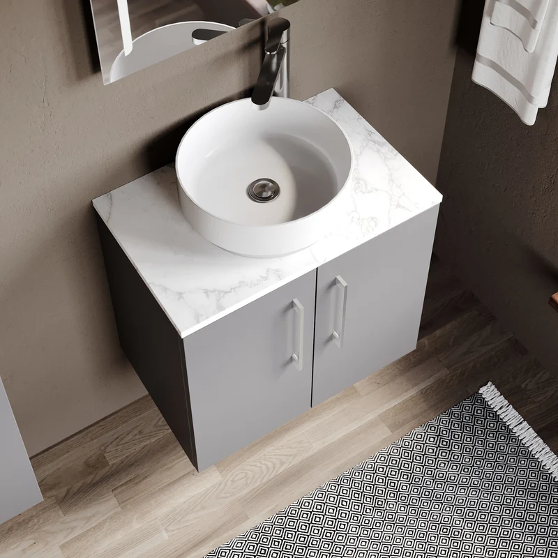 Lana 600mm Wall Hung 2 Door Vanity Unit & Carrera Marble Laminate Worktop - Grey Satin