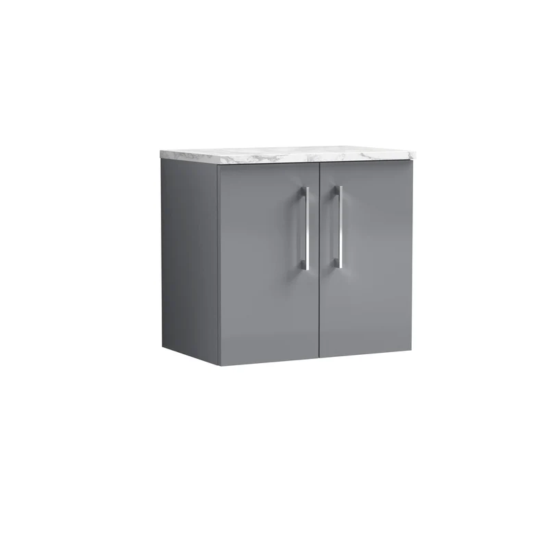 Lana 600mm Wall Hung 2 Door Vanity Unit & Carrera Marble Laminate Worktop - Grey Satin