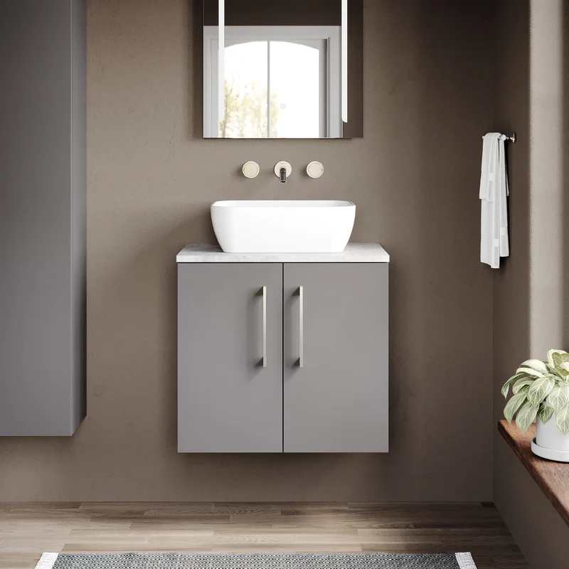 Lana 600mm Wall Hung 2 Door Vanity Unit & Bellato Grey Laminate Worktop - Grey Satin