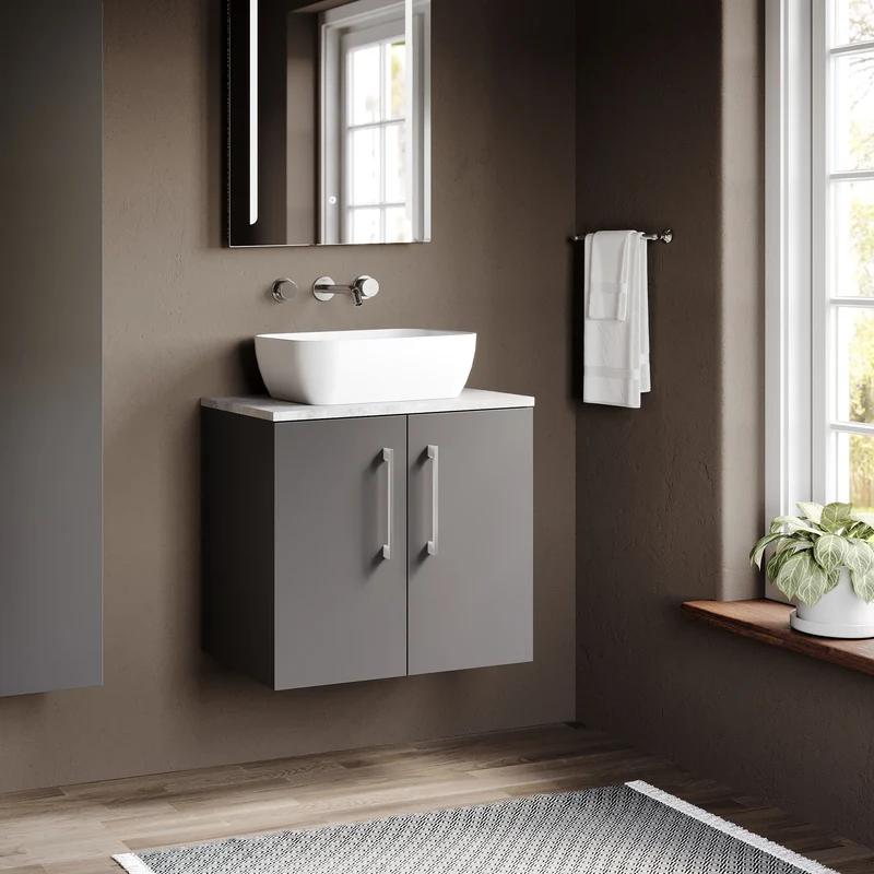 Lana 600mm Wall Hung 2 Door Vanity Unit & Bellato Grey Laminate Worktop - Grey Satin