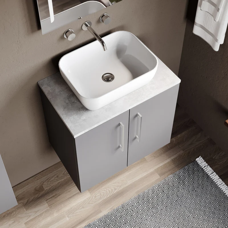Lana 600mm Wall Hung 2 Door Vanity Unit & Bellato Grey Laminate Worktop - Grey Satin