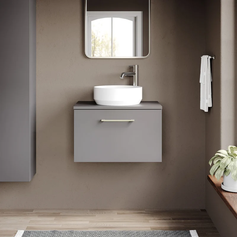 Lana 600mm Wall Hung 1 Drawer Vanity Unit & Worktop - Grey Satin