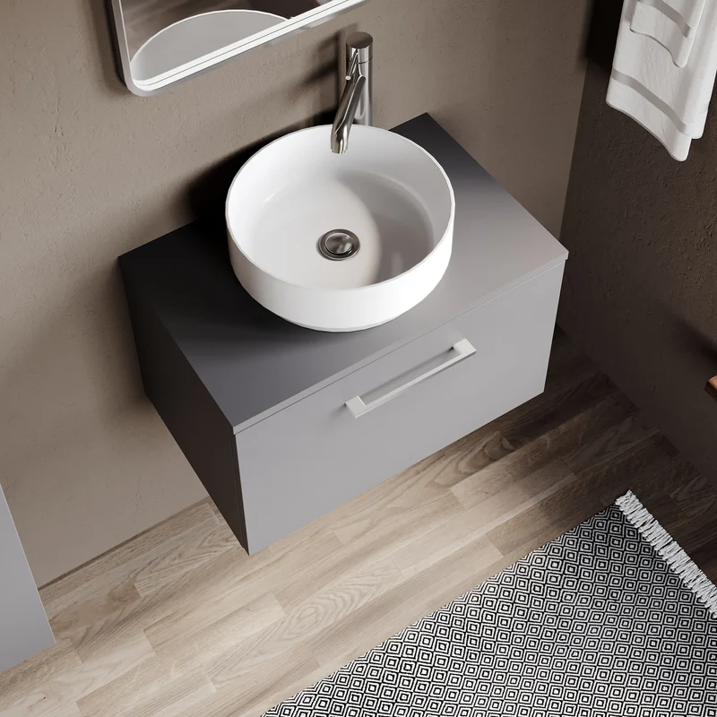 Lana 600mm Wall Hung 1 Drawer Vanity Unit & Worktop - Grey Satin