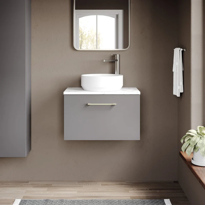 Lana 600mm Wall Hung 1 Drawer Vanity Unit & Carrera Marble Laminate Worktop - Grey Satin