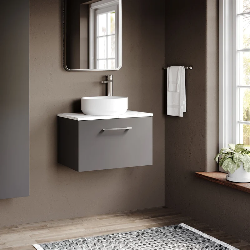 Lana 600mm Wall Hung 1 Drawer Vanity Unit & Carrera Marble Laminate Worktop - Grey Satin