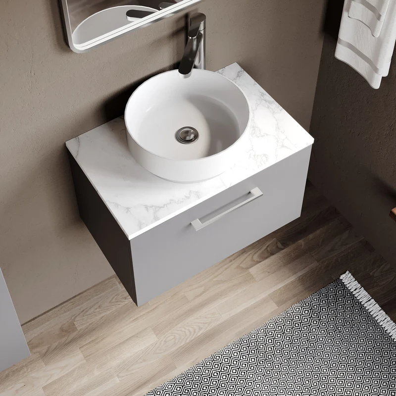 Lana 600mm Wall Hung 1 Drawer Vanity Unit & Carrera Marble Laminate Worktop - Grey Satin