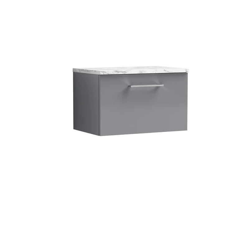 Lana 600mm Wall Hung 1 Drawer Vanity Unit & Carrera Marble Laminate Worktop - Grey Satin